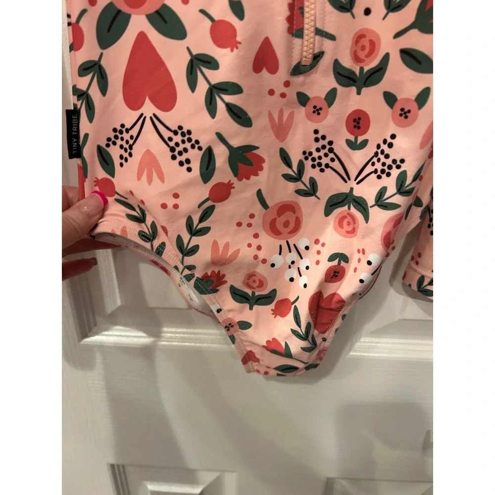 Tiny Tribe One‎ Piece Swimsuit Pink Floral Heart Ruffle Rash Guard Swimwear 7